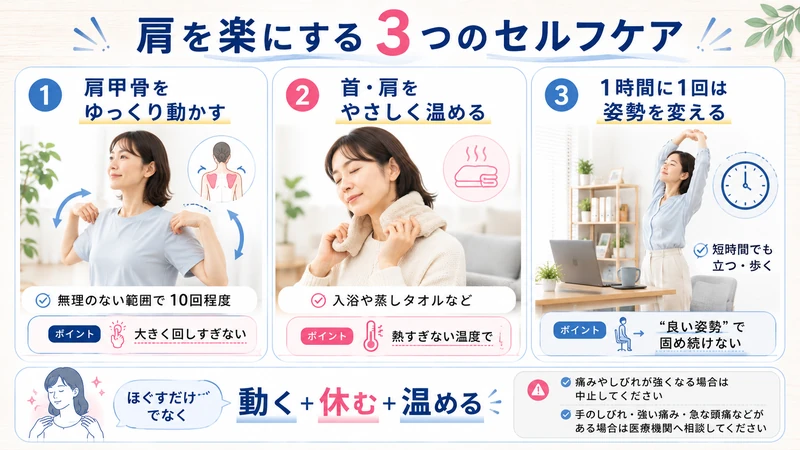 女性の肩こり対策として肩甲骨運動首肩の温め同一姿勢を避ける3つのセルフケア