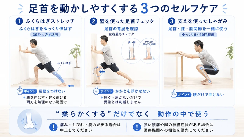 腰への負担を考えたふくらはぎストレッチ足首背屈チェックしゃがみ練習の3つのセルフケア