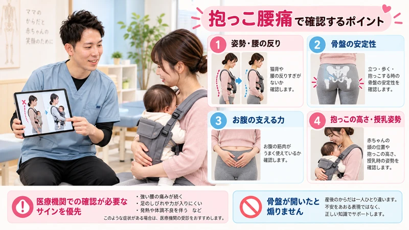 抱っこ腰痛で姿勢骨盤体幹抱っこの高さ授乳姿勢を理学療法士が確認する画像