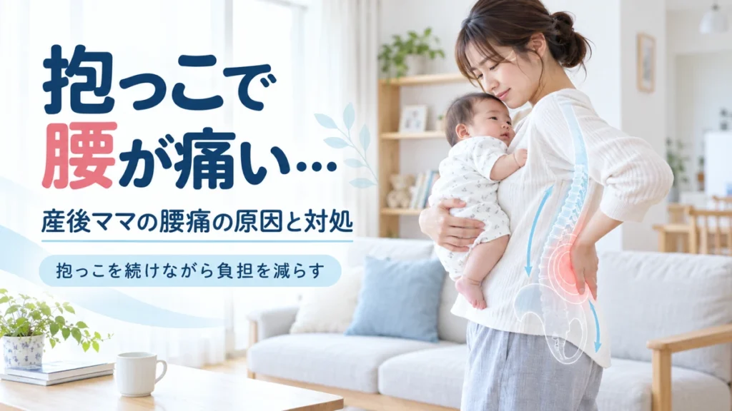 抱っこで腰が痛い産後女性と腰への負担を示した医療教育画像