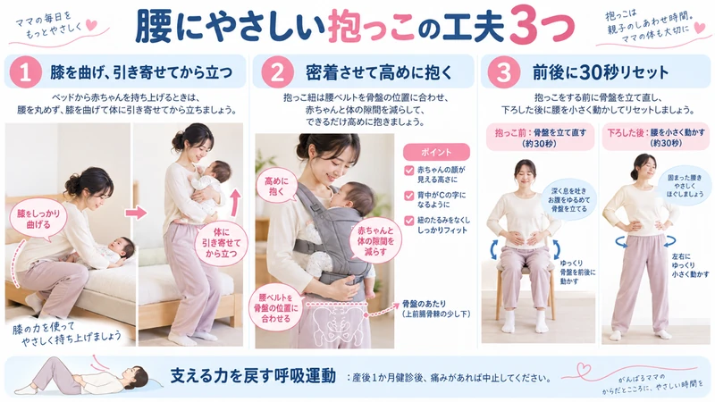 腰にやさしい抱き上げ抱っこ紐の高さ抱っこ前後のリセット方法を示す画像