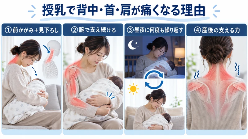 授乳で背中首肩が痛くなる前かがみ腕の負担繰り返し体幹の4要因を示す図解