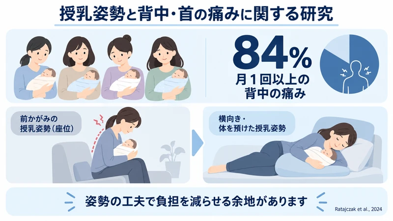 授乳中の背中や首の痛みと授乳姿勢に関する研究結果を示した図解