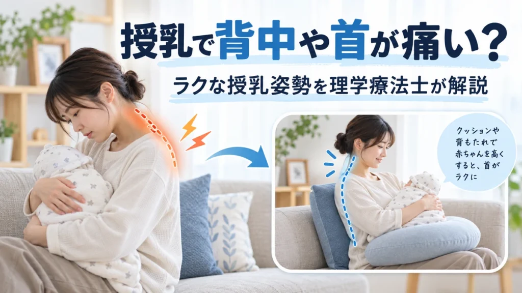 授乳で背中や首が痛い女性とラクな授乳姿勢を示した医療教育画像