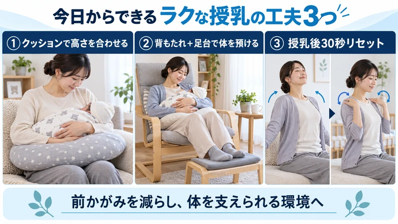 授乳クッション背もたれ足台と授乳後の姿勢リセットを示したセルフケア画像