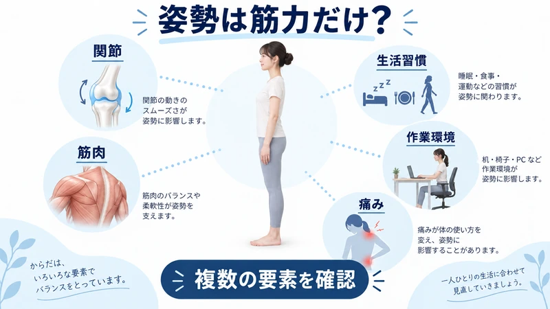 姿勢の崩れに関わる関節筋肉生活習慣作業環境と痛みの複数要因の図解