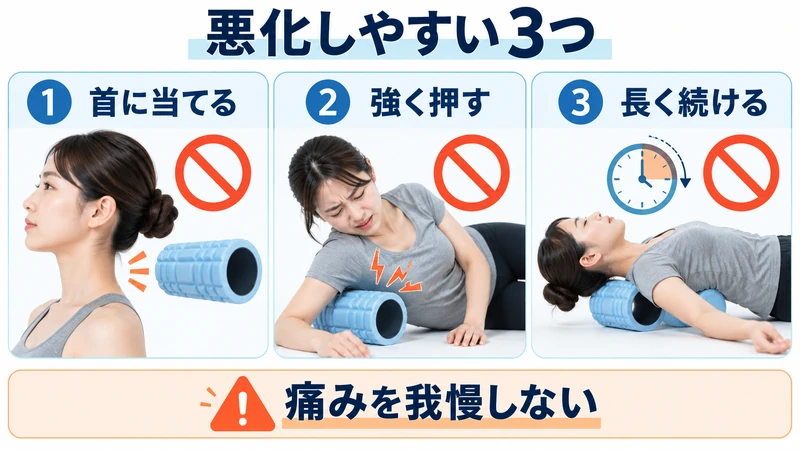 フォームローラーで肩こりを悪化させやすい首への使用強い圧長時間使用の図解