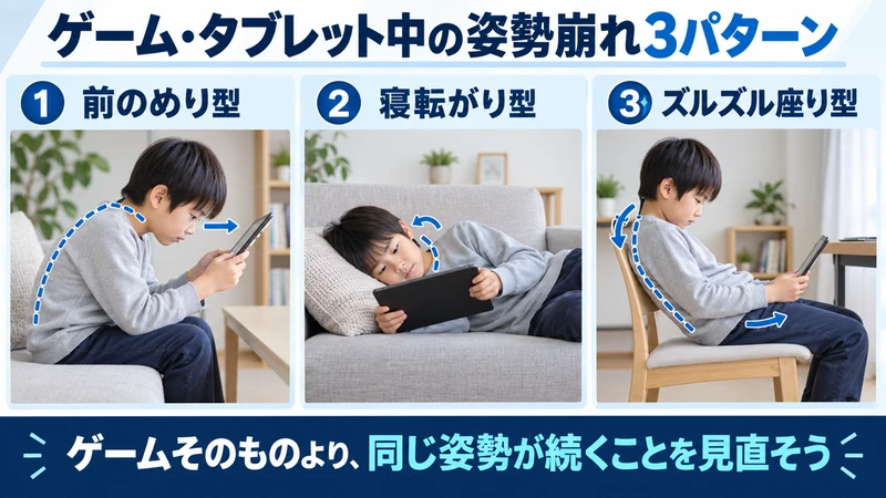 ゲーム中の前のめり寝転がりズルズル座りの3つの姿勢を示した図解
