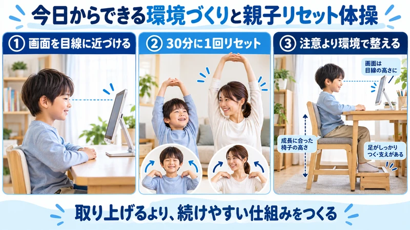 画面の高さ休憩リセットと椅子環境を整える親子の姿勢対策画像
