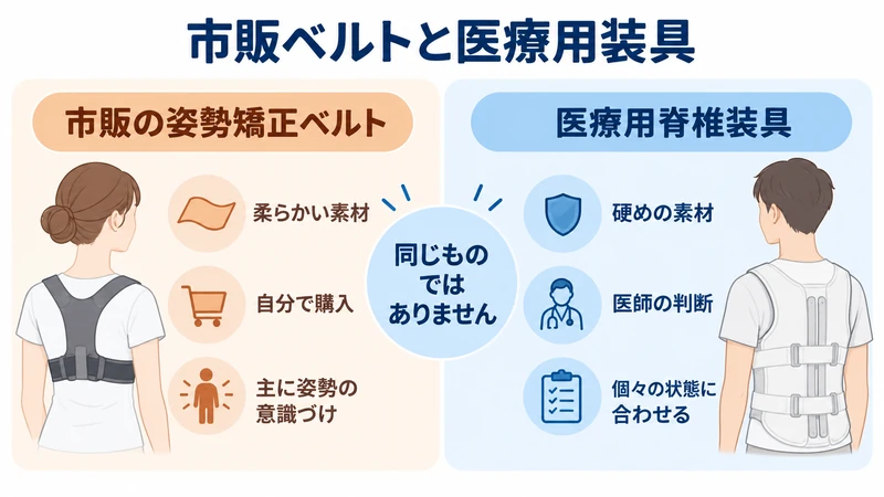 市販の姿勢矯正ベルトと医療用脊椎装具の違いを比較した図解