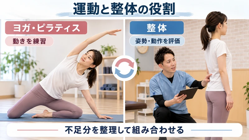 ヨガピラティスで動きを練習する役割と整体で姿勢動作を評価する役割の比較