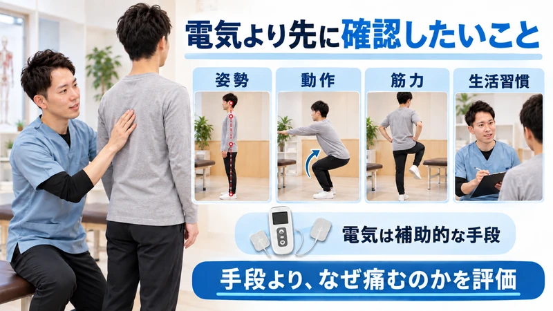 電気治療より先に姿勢動作筋力生活習慣を理学療法士が評価する画像
