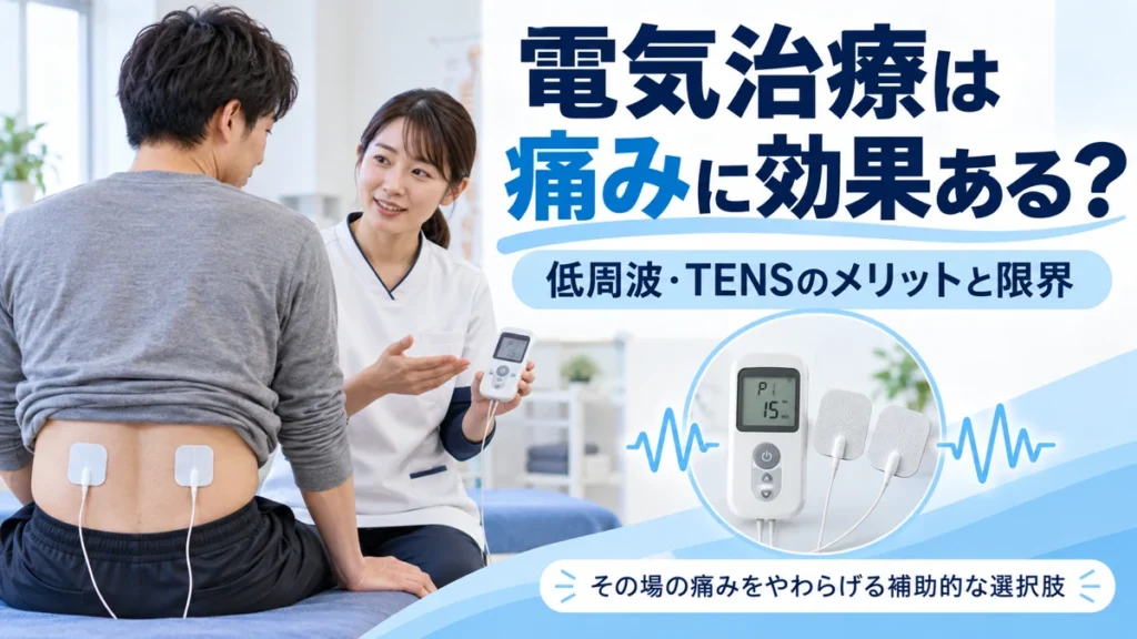 電気治療と低周波TENSのメリットと限界を説明する医療教育画像