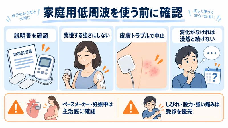 家庭用低周波治療器を使う前の説明書強さ皮膚症状と受診確認を示す図解