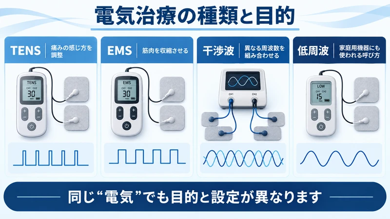 TENSとEMSと干渉波と低周波の目的の違いを比較した図解