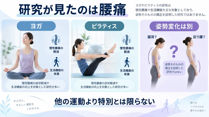 ヨガとピラティスの慢性腰痛研究と姿勢変化は別であることを示す図解