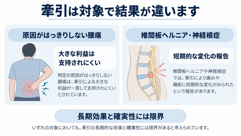 非特異的腰痛と椎間板ヘルニア神経根症で牽引療法の研究結果が異なる図解