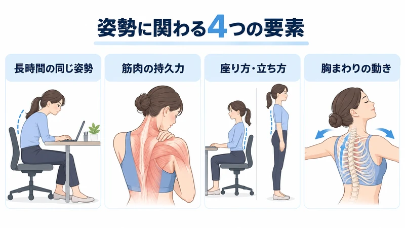 猫背に関わるデスクワークや筋持久力などの要因を示す図解