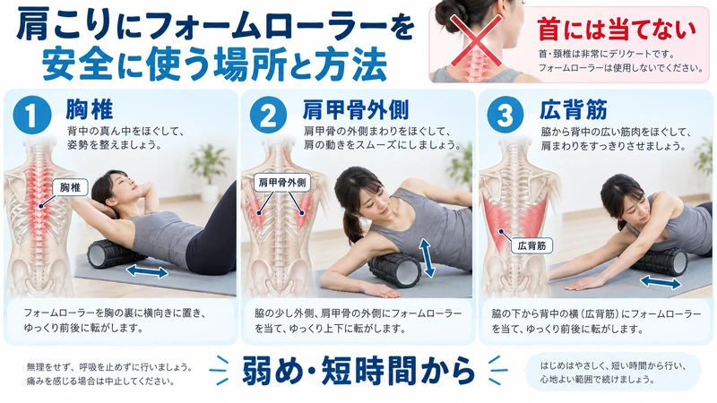 肩こりにフォームローラーを使う胸椎肩甲骨外側広背筋の安全な方法を示す図解