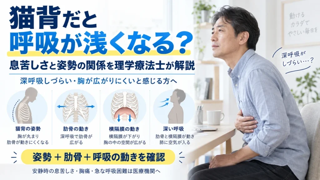 猫背と浅い呼吸の関係を肋骨横隔膜姿勢から解説する画像