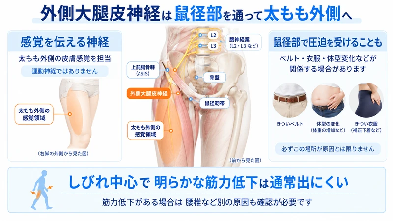 外側大腿皮神経が鼠径部を通り太もも外側の感覚を伝える解剖図