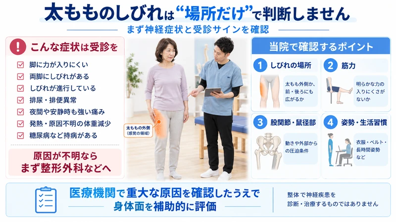 太もも外側のしびれで受診が必要な症状と外側大腿皮神経股関節生活習慣の評価を示す図解