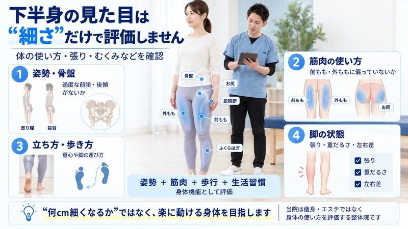 下半身の見た目に対して姿勢筋肉の使い方歩き方脚の状態を理学療法士が評価する図解