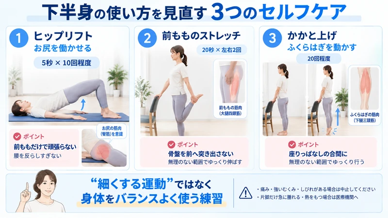 下半身の使い方を見直すヒップリフト前ももストレッチかかと上げの3つのセルフケア