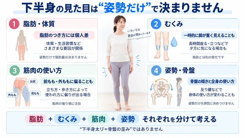 下半身の見た目に関わる脂肪むくみ筋肉の使い方姿勢の4要素を示した図解