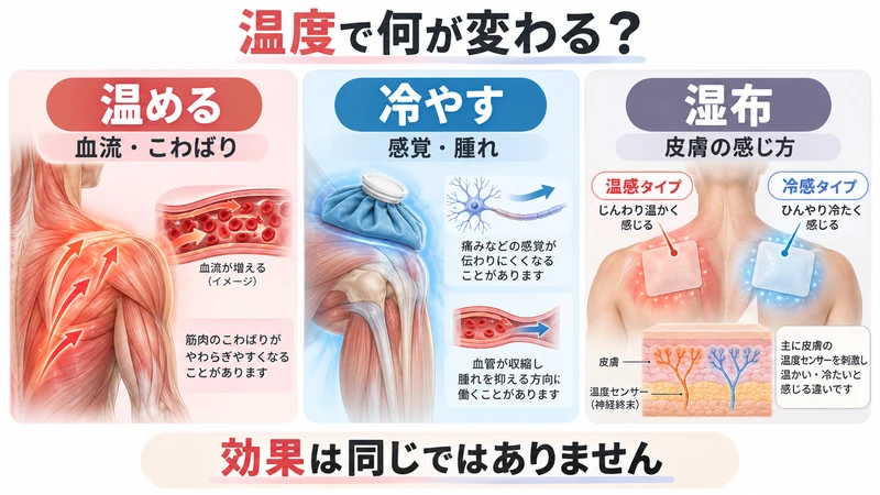 温熱と寒冷による血流こわばり感覚腫れと湿布の皮膚感覚の違いの図解