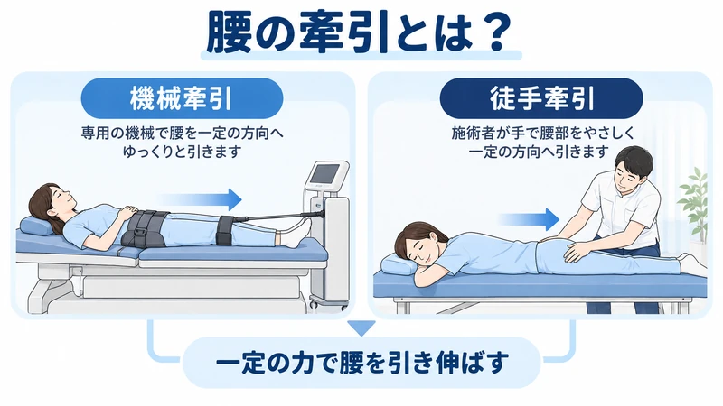 腰の機械牽引と徒手牽引の方法と背骨を引き伸ばす考え方を示す図解