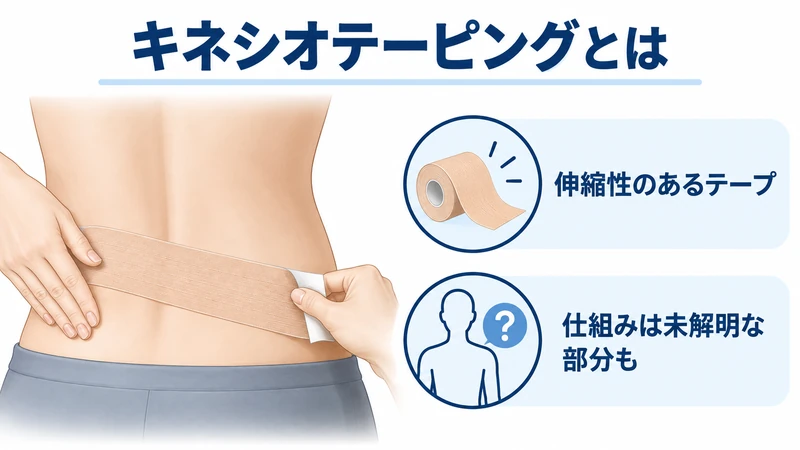 伸縮性のあるキネシオテープと皮膚への貼付を示す医療教育図