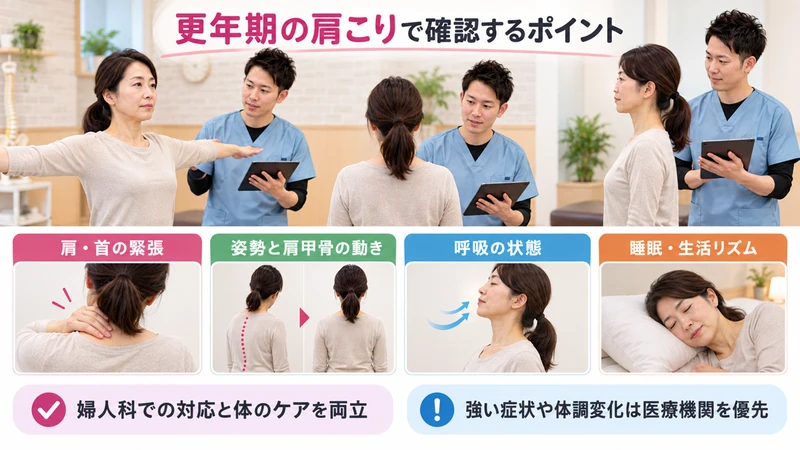 更年期の肩こりで首肩の緊張姿勢肩甲骨呼吸睡眠を理学療法士が確認する図解