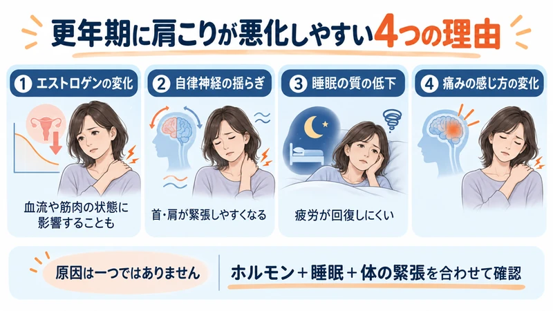更年期に肩こりが悪化しやすいホルモン自律神経睡眠痛みの4要因を示す図解