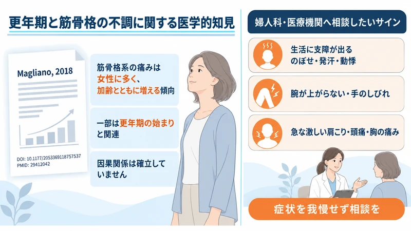 更年期と筋骨格系の痛みに関する研究と婦人科や医療機関へ相談するサインを示す図解