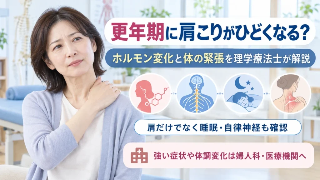 更年期に肩こりがひどくなる背景をホルモン変化や睡眠とともに示した医療教育画像