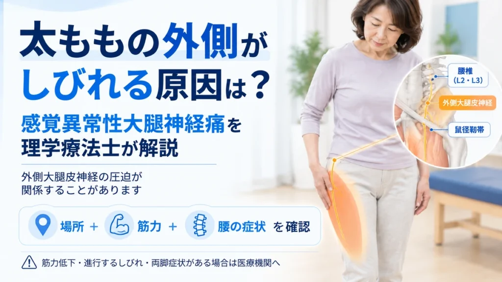 太ももの外側のしびれと外側大腿皮神経による感覚異常性大腿神経痛を解説する画像