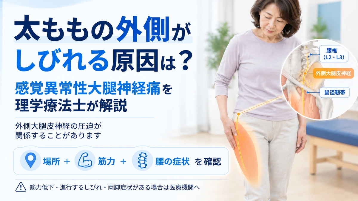 太ももの外側のしびれと外側大腿皮神経による感覚異常性大腿神経痛を解説する画像