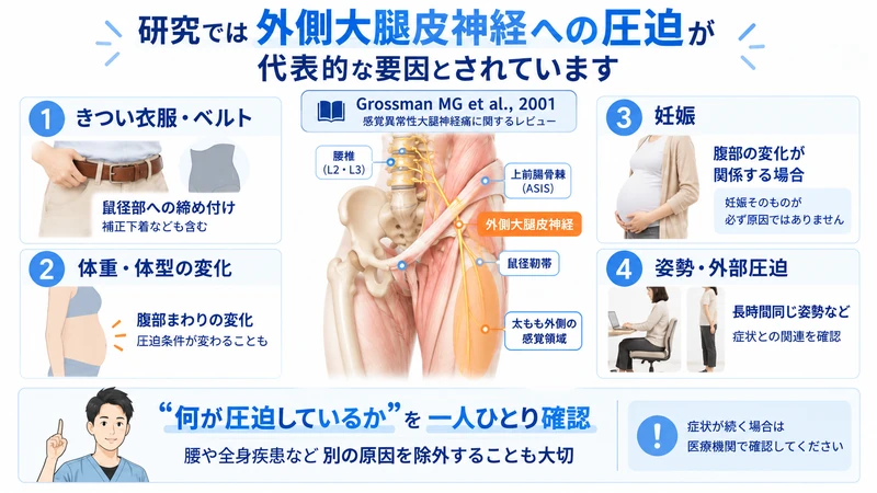 感覚異常性大腿神経痛で外側大腿皮神経への圧迫と衣服体型妊娠などの誘因を示した図解