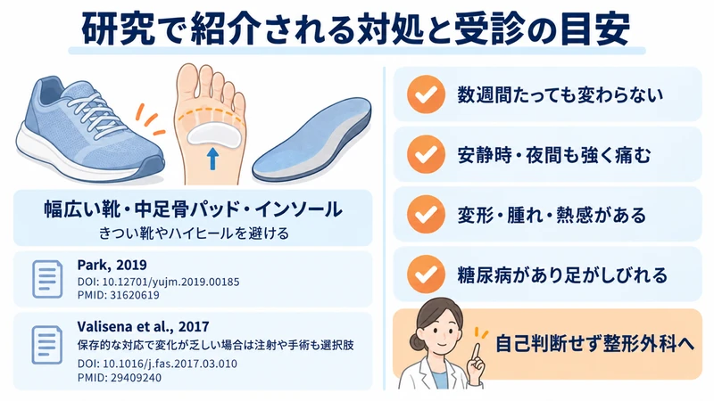 モートン病に対する靴や中足骨パッドの研究と整形外科へ相談する目安を示す図解
