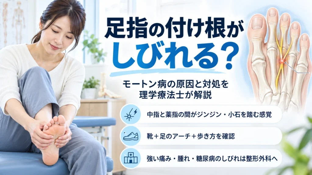 足指の付け根のしびれとモートン病の関係を示した医療教育画像