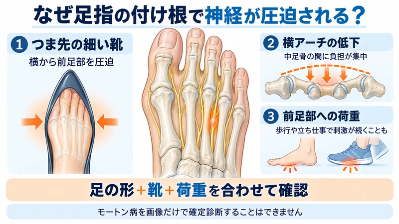 足指の付け根で中足骨の間を通る神経が圧迫される仕組みを示した図解