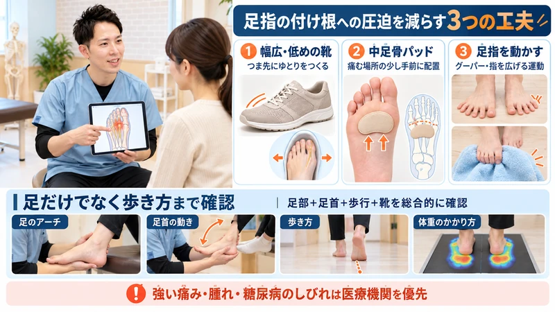 足指の付け根への圧迫を減らす靴と中足骨パッドと足指運動および歩行評価を示す図解