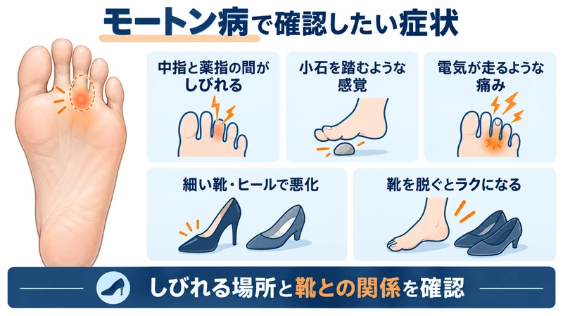 モートン病でみられる足指の付け根のしびれや小石を踏むような感覚を示す図解