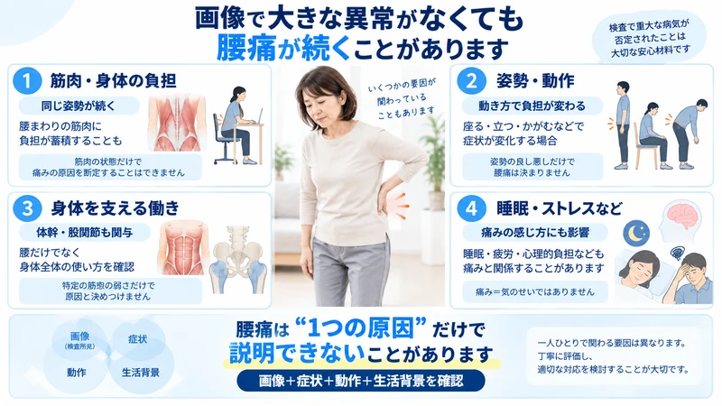 MRIで大きな異常がない腰痛に関わる筋肉動作体幹睡眠ストレスなどの要素を示す図解