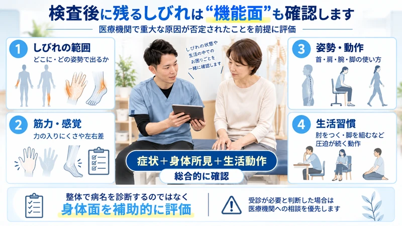 検査で重大な異常がないしびれに対して症状筋力感覚姿勢生活動作を理学療法士が評価する図解