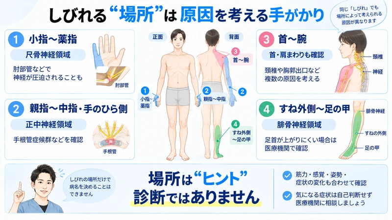 手足のしびれる場所から尺骨神経正中神経頚椎周囲腓骨神経の領域を確認する図解