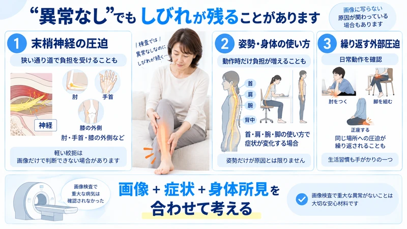 画像検査で異常がなくてもしびれが残る末梢神経圧迫姿勢生活習慣の3要因を示す図解