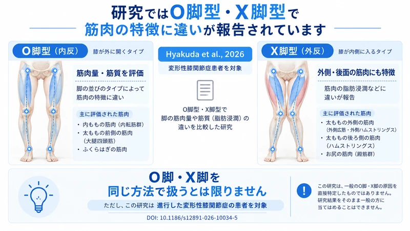変形性膝関節症患者のO脚型X脚型で筋肉量や筋質の違いを調べた研究図解