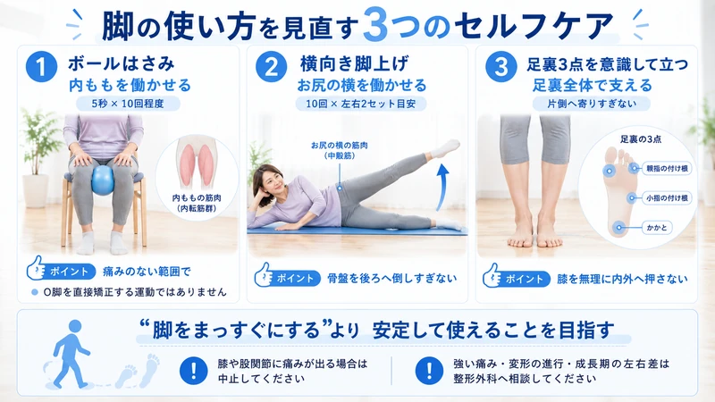 O脚X脚で内ももお尻足裏の使い方を見直す3つのセルフケア